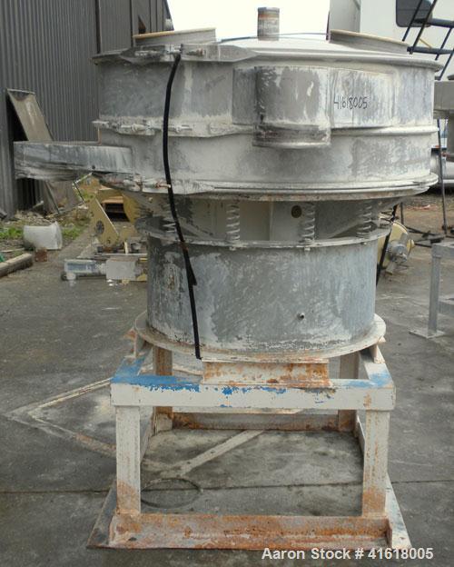 Used Sweco Screener, Model S48S888, 316 Stainless Steel. 48" diameter, single deck, 2 separation. Top cover. Driven by a 1 hp, 3/60/208-220/440 Volt, 1155 RPM Motor. Mounted on a 21" high carbon stee...