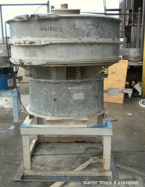 Used Sweco Screener, Model S48S888, 316 Stainless Steel. 48" diameter, single deck, 2 separation. Top cover. Driven by a 1 hp, 3/60/208-220/440 Volt, 1155 RPM Motor. Mounted on a 21" high carbon stee...