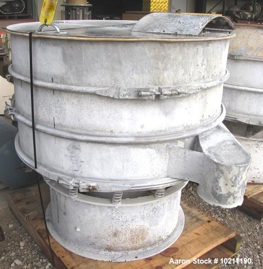 Used Sweco Screener, Model S48S88, Stainless Steel. 48" diameter, 2 deck, 3 separation, flat top cover. Driven by a 1 HP, 3/60/550 Volt, 1155 RPM motor. Mounted on a carbon steel base.