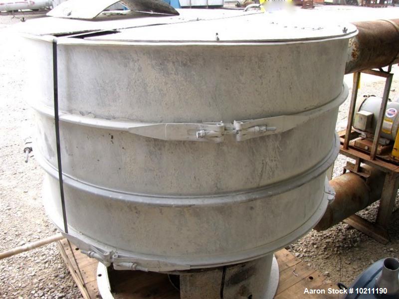 Used Sweco Screener, Model S48S88, Stainless Steel. 48" diameter, 2 deck, 3 separation, flat top cover. Driven by a 1 HP, 3/60/550 Volt, 1155 RPM motor. Mounted on a carbon steel base.