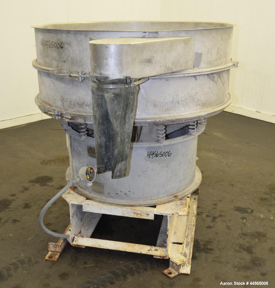 Used Sweco Screener, Model S48S88, 304 Stainless Steel. 48" Diameter, single deck, 2 separation, no top cover. Driven by a 1hp, 3/60/208-220/440 volt, 1155 rpm motor. Mounted on a carbon steel base w...