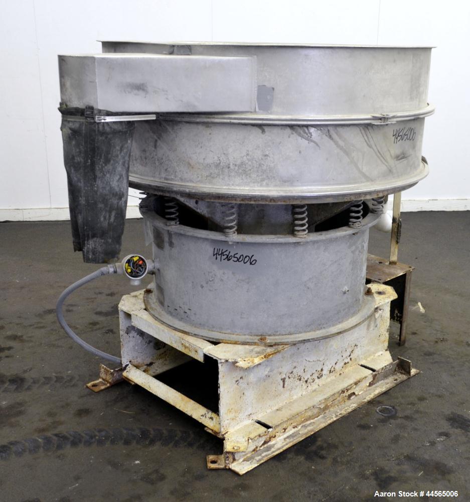 Used Sweco Screener, Model S48S88, 304 Stainless Steel. 48" Diameter, single deck, 2 separation, no top cover. Driven by a 1hp, 3/60/208-220/440 volt, 1155 rpm motor. Mounted on a carbon steel base w...