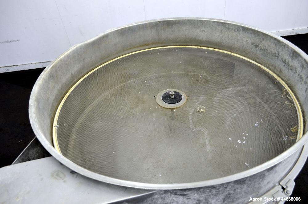 Used Sweco Screener, Model S48S88, 304 Stainless Steel. 48" Diameter, single deck, 2 separation, no top cover. Driven by a 1hp, 3/60/208-220/440 volt, 1155 rpm motor. Mounted on a carbon steel base w...