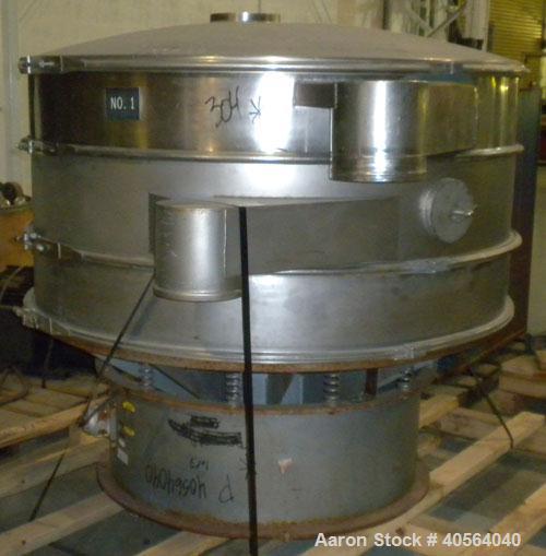 Used Sweco Screener, Model S60S88, 304 stainless steel. 60" diameter, double deck, 3 separation. 316 stainless steel top cover. Driven by a 2.5 hp, 3/60/460 volt, 1157 rpm motor. Mounted on a carbon ...