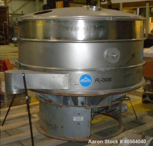 Used Sweco Screener, Model S60S88, 304 stainless steel. 60" diameter, double deck, 3 separation. 316 stainless steel top cover. Driven by a 2.5 hp, 3/60/460 volt, 1157 rpm motor. Mounted on a carbon ...