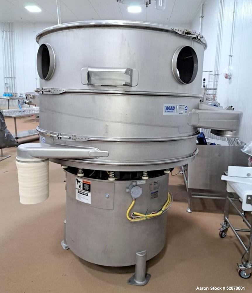 Used Sweco 60" Stainless Steel Round Vibratory Screener / Separator, Model SS60S61216GWONSDTLVPXB. Stainless Steel. 60" Diameter. Driven by 2.5hp, 3/60/460 Volt, 1160 rpm motor. 2 Deck, 3 Separation....