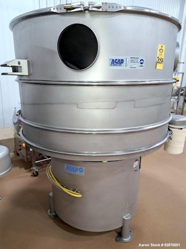 Used Sweco 60" Stainless Steel Round Vibratory Screener / Separator, Model SS60S61216GWONSDTLVPXB. Stainless Steel. 60" Diameter. Driven by 2.5hp, 3/60/460 Volt, 1160 rpm motor. 2 Deck, 3 Separation....