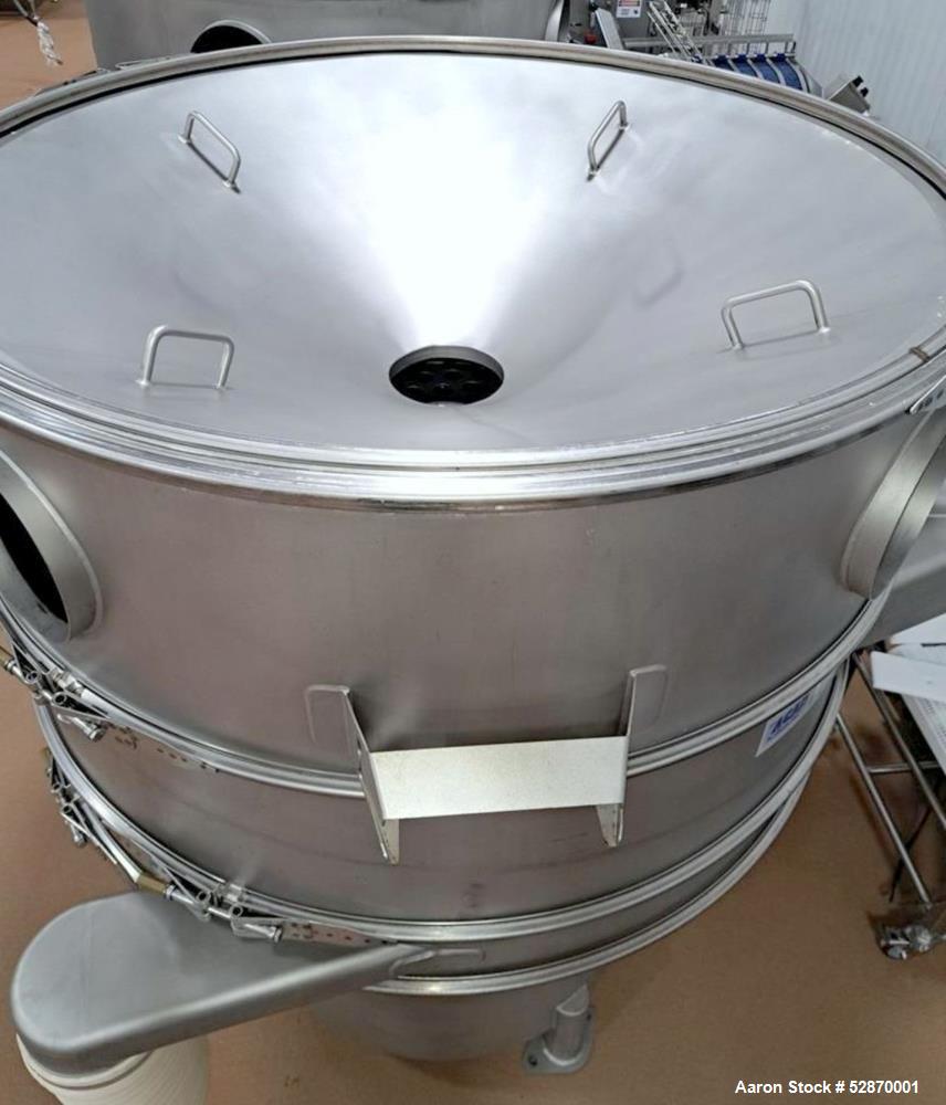 Used Sweco 60" Stainless Steel Round Vibratory Screener / Separator, Model SS60S61216GWONSDTLVPXB. Stainless Steel. 60" Diameter. Driven by 2.5hp, 3/60/460 Volt, 1160 rpm motor. 2 Deck, 3 Separation....