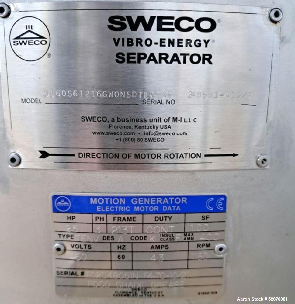 Used- Sweco 60" Stainless Steel Round Vibratory Screener / Separator, Model SS60S61216GWONSDTLVPXB. Stainless Steel. 60" Dia...
