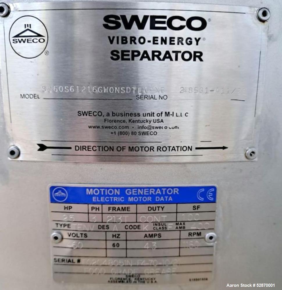 Used Sweco 60" Stainless Steel Round Vibratory Screener / Separator, Model SS60S61216GWONSDTLVPXB. Stainless Steel. 60" Diameter. Driven by 2.5hp, 3/60/460 Volt, 1160 rpm motor. 2 Deck, 3 Separation....