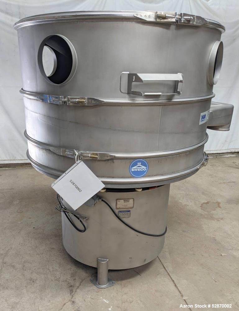 Used Sweco 60" Stainless Steel Round Vibratory Screener / Separator, Model SS60S61216GWONSDTLVPXB. Stainless Steel. 60" Diameter. Driven by 2.5hp, 3/60/460 Volt, 1160 rpm motor. 2 Deck, 3 Separation....