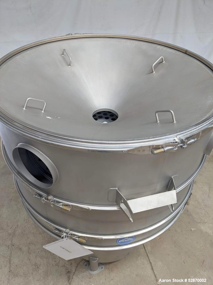 Used Sweco 60" Stainless Steel Round Vibratory Screener / Separator, Model SS60S61216GWONSDTLVPXB. Stainless Steel. 60" Diameter. Driven by 2.5hp, 3/60/460 Volt, 1160 rpm motor. 2 Deck, 3 Separation....
