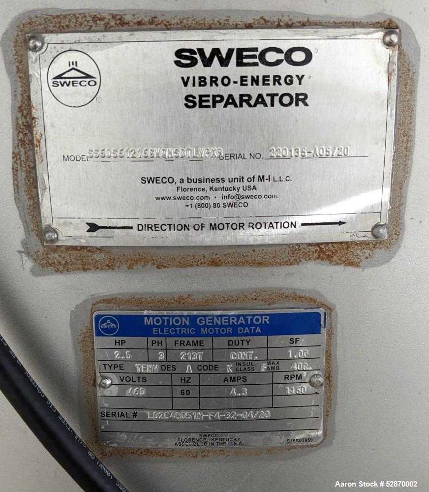Used Sweco 60" Stainless Steel Round Vibratory Screener / Separator, Model SS60S61216GWONSDTLVPXB. Stainless Steel. 60" Diameter. Driven by 2.5hp, 3/60/460 Volt, 1160 rpm motor. 2 Deck, 3 Separation....