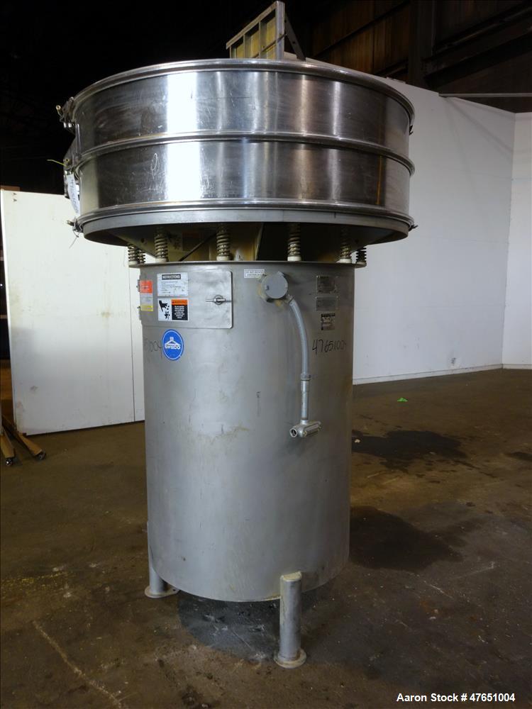 Used Sweco Screener, Model SS60S88, 60" diameter, 304 Stainless steel. Single deck, 2 separation, with top cover. driven by a 2.5 HP, 3/60/460/1155 rpm motor, serial number 653363-A397.