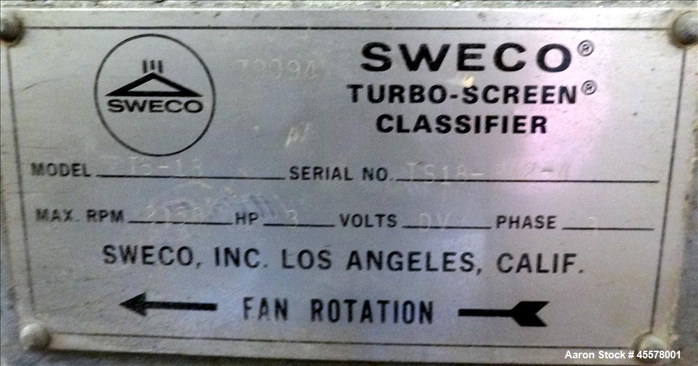 Used Sweco Turbo Screen Air Classifier, Model TS18