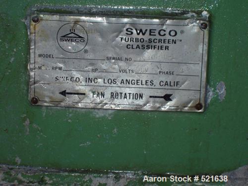 USED: Sweco turbo screen air classifier, model TS-30, aluminumconstruction. 30" diameter screen. Driven by a 5 hp, 3/60/230/460volt, 1150 rpm motor. Built 1980s.