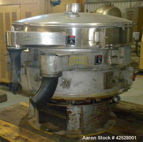 Used Sweco Screener, Model UL60S1088, 304 Stainless Steel. 60" diameter, double deck, 3 separation, with top cover and slider ring cleaning deck. Driven by a 5 HP, 3/60/460 Volt, 1120 RPM motor. Moun...
