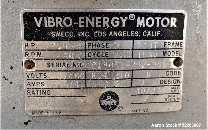 Used Sweco 48" Diameter Single Deck Stainless Steel Screener, Model US44S888. Driven by 2.5 HP, 1160 RPM, 230/460 Volt, 3-phase, 60 Hz motor. Serial number US48-884-51. Includes 72 mesh screen. Scree...