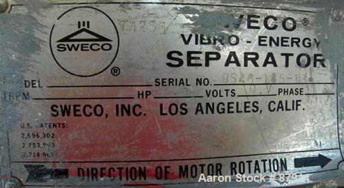 Used Sweco Screener, Model US48-185-13, Carbon Steel. 48" Diameter, single deck, 2 separation. No top cover. Driven by a 2.5 hp, 3/60/230/460 volt, 1160 rpm motor. Mounted on a carbon steel base with...