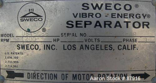 USED: Sweco screener, model US48-583-49, carbon steel. 48" diameter, single deck, 2 separation. No top cover. Driven by a 2.5 hp, 3/60/230/460 volt, 1160 rpm motor. Mounted on a carbon steel base wit...