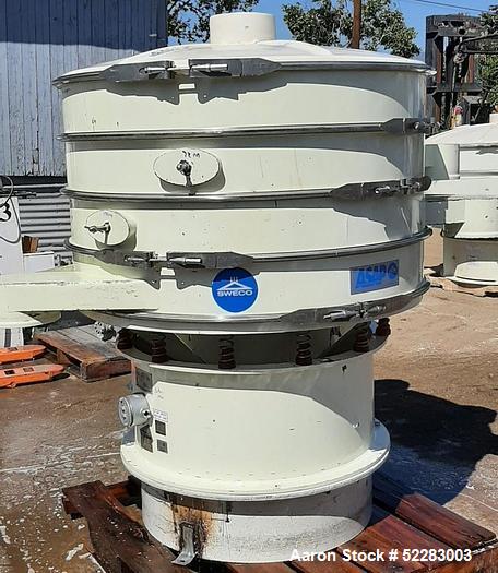 Used Sweco 48" Diameter Screener, Model US48C66666, Carbon Steel. Triple deck, 4 separation. Driven by 2.5 HP, 1160 RPM, 230/460 Volt, 3-phase, 60 Hz motor. Serial# CU59152C. Includes top dust cover....