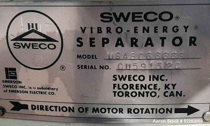 Used Sweco 48" Diameter Screener, Model US48C66666, Carbon Steel. Triple deck, 4 separation. Driven by 2.5 HP, 1160 RPM, 230/460 Volt, 3-phase, 60 Hz motor. Serial# CU59152C. Includes top dust cover....