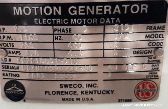 Used Sweco 48" Diameter Screener, Model US48C66666, Carbon Steel. Triple deck, 4 separation. Driven by 2.5 HP, 1160 RPM, 230/460 Volt, 3-phase, 60 Hz motor. Serial# CU59152C. Includes top dust cover....