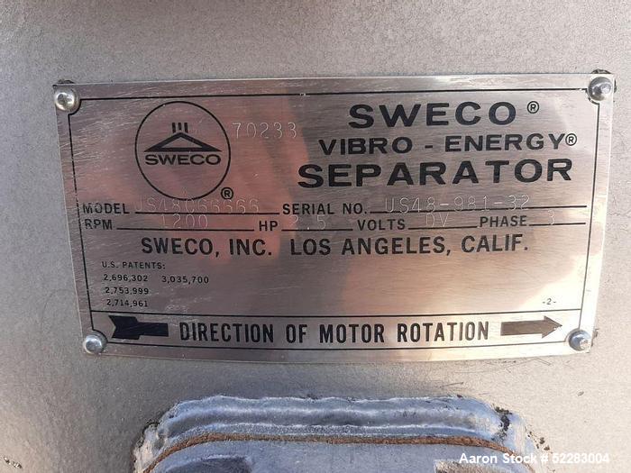 Used Sweco 48" Diameter Screener, Model US48C66666, Carbon Steel. Single deck, 2 separation. Driven by 2.5 HP, 1120 RPM, 230/460 Volt, 3-phase, 60 Hz motor. Serial# US48-91-32. Screen tested and is i...