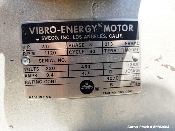 Used Sweco 48" Diameter Screener, Model US48C66666, Carbon Steel. Single deck, 2 separation. Driven by 2.5 HP, 1120 RPM, 230/460 Volt, 3-phase, 60 Hz motor. Serial# US48-91-32. Screen tested and is i...