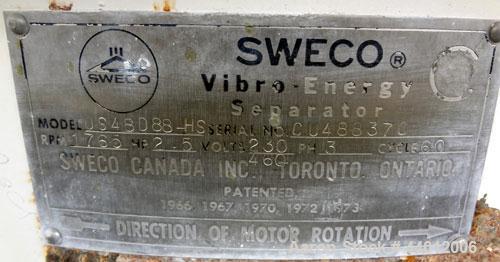 Used Sweco Screener, Model US48D88-HS, 316 Stainless Steel. 48” Diameter single deck, 2 separation. 304 Stainless steel top cover. Driven by a 2-1/2 hp, 3/60/230/460 volt, 1765 rpm motor. Mounted on ...