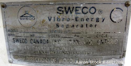 Used Sweco Screener, Model US48D88-HS, 316 Stainless Steel. 48” Diameter single deck, 2 separation. 304 Stainless steel top cover. Driven by a 2-1/2 hp, 3/60/230/460 volt, 1765 rpm motor. Mounted on ...