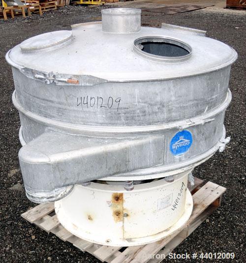 Used Sweco Screener, Model US48D88-HS, 316 Stainless Steel. 48” Diameter single deck, 2 separation. 304 Stainless steel top cover. Driven by a 2-1/2 hp, 3/60/230/460 volt, 1765 rpm motor. Mounted on ...