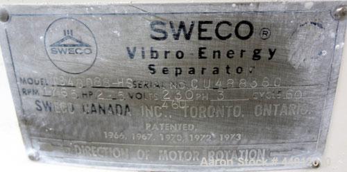 Used Sweco Screener, Model US48D88-HS, 316 Stainless Steel. 48” Diameter single deck, 2 separation. 304 Stainless steel top cover. Driven by a 2-1/2 hp, 3/60/230/460 volt, 1765 rpm motor. Mounted on ...