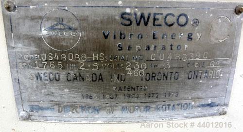 Used Sweco Screener, Model US48D88-HS, 316 Stainless Steel.  48” Diameter single deck, 2 separation.  304 Stainless steel top cover.  Driven by a 2-1/2 hp, 3/60/230/460 volt, 1765 rpm motor. Mounted ...