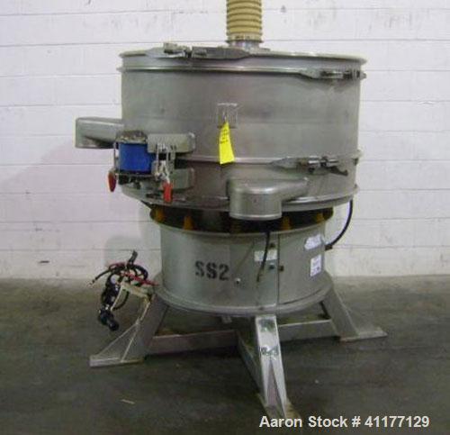 Used Sweco Screener, Model US48S61566, stainless steel. 48" diameter, single deck, 2 separation. Top cover. Driven by a 2-1/2 hp, 3/60/230/460 volt, 1160 rpm motor. Mounted on a stainless steel base ...