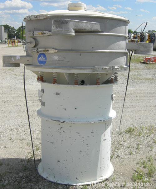 Used Sweco screener, model US48S6662, stainless steel. 48" diameter, double deck, 3 separation. Plastic top cover. Driven by a 2.5 hp, 3/60/230/460 volt, 1200 rpm motor. Mounted on a 43" tall carbon ...