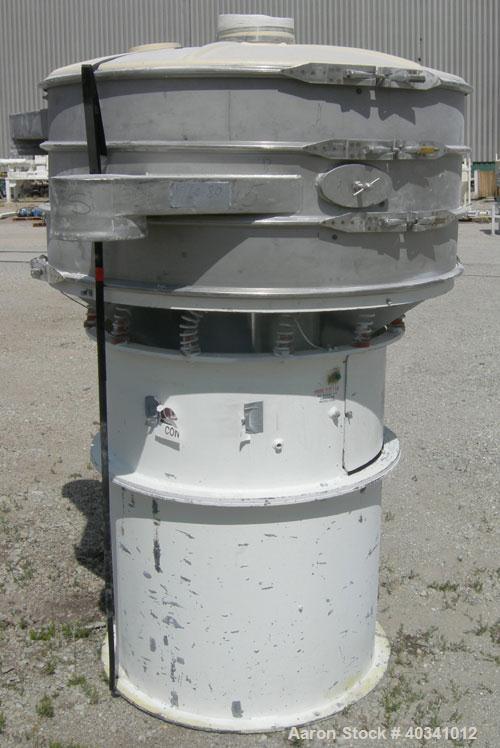Used Sweco screener, model US48S6662, stainless steel. 48" diameter, double deck, 3 separation. Plastic top cover. Driven by a 2.5 hp, 3/60/230/460 volt, 1200 rpm motor. Mounted on a 43" tall carbon ...