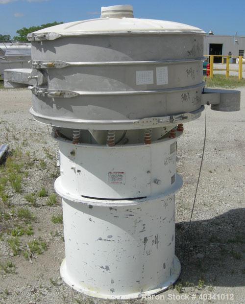 Used Sweco screener, model US48S6662, stainless steel. 48" diameter, double deck, 3 separation. Plastic top cover. Driven by a 2.5 hp, 3/60/230/460 volt, 1200 rpm motor. Mounted on a 43" tall carbon ...