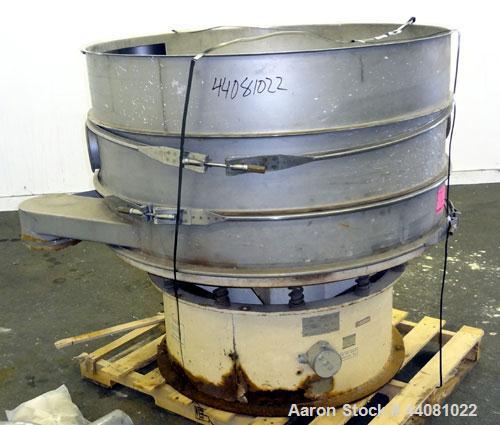 Used Sweco Screener, Model US48S6862, 304 Stainless Steel. 48” Diameter, double deck, 3 separation, no top cover. Driven by a 2.5 hp, 3/60/230/460 volt, 1200 rpm motor. Mounted on a carbon steel base.