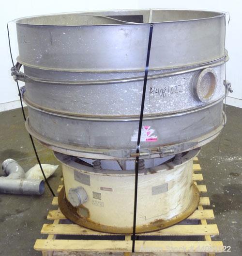 Used Sweco Screener, Model US48S6862, 304 Stainless Steel. 48” Diameter, double deck, 3 separation, no top cover. Driven by a 2.5 hp, 3/60/230/460 volt, 1200 rpm motor. Mounted on a carbon steel base.