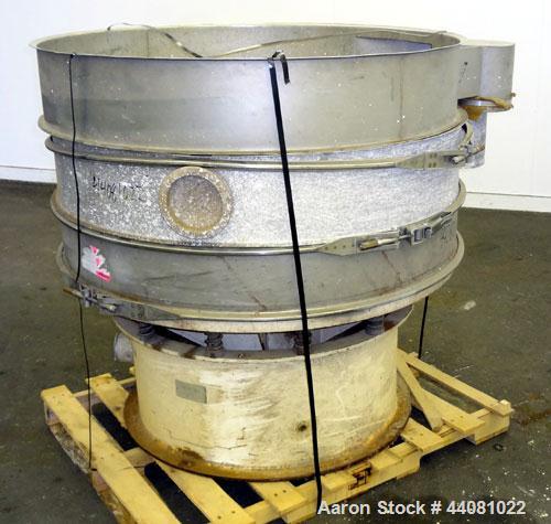 Used Sweco Screener, Model US48S6862, 304 Stainless Steel. 48” Diameter, double deck, 3 separation, no top cover. Driven by a 2.5 hp, 3/60/230/460 volt, 1200 rpm motor. Mounted on a carbon steel base.