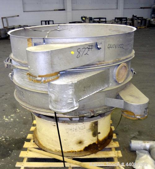 Used Sweco Screener, Model US48S6862, 304 Stainless Steel. 48” Diameter, double deck, 3 separation, no top cover. Driven by a 2.5 hp, 3/60/230/460 volt, 1200 rpm motor. Mounted on a carbon steel base.
