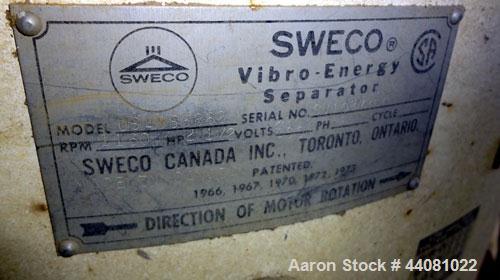 Used Sweco Screener, Model US48S6862, 304 Stainless Steel. 48” Diameter, double deck, 3 separation, no top cover. Driven by a 2.5 hp, 3/60/230/460 volt, 1200 rpm motor. Mounted on a carbon steel base.