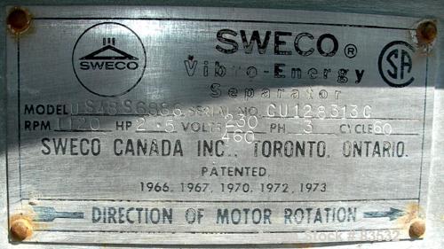 USED: Sweco screener, model US48S6886, 304 stainless steel. 48" diameter, single deck, 2 separation, includes top cover. Driven by a 2.5 hp, 3/60/230/460 volt, 1120 rpm motor. Mounted on a carbon ste...