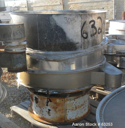 Used Sweco Separator, Model US48S68. 304 Stainless Steel. 48" diameter, single deck, 2 separation, no top cover. Driven by a 1 HP 3/60/440 Volt, 1155 RPM motor. Mounted on a carbon steel base