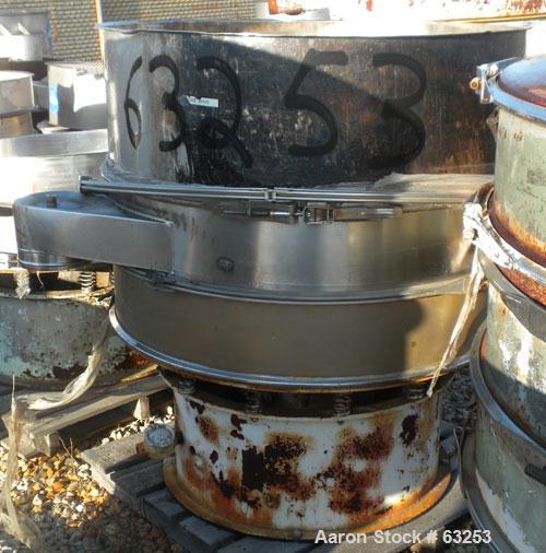 Used Sweco Separator, Model US48S68. 304 Stainless Steel. 48" diameter, single deck, 2 separation, no top cover. Driven by a 1 HP 3/60/440 Volt, 1155 RPM motor. Mounted on a carbon steel base