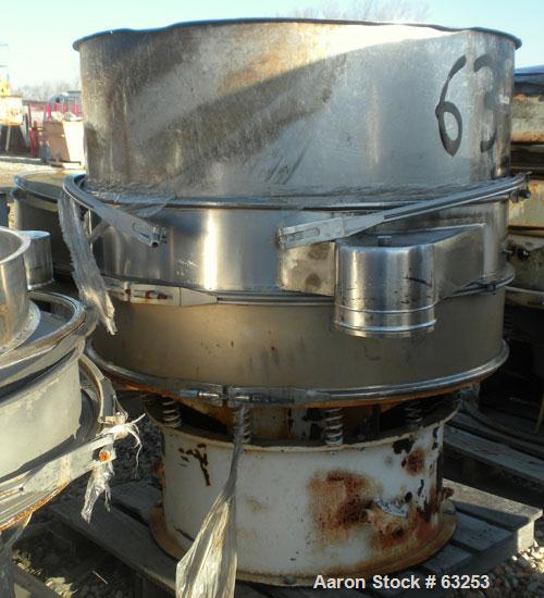 Used Sweco Separator, Model US48S68. 304 Stainless Steel. 48" diameter, single deck, 2 separation, no top cover. Driven by a 1 HP 3/60/440 Volt, 1155 RPM motor. Mounted on a carbon steel base