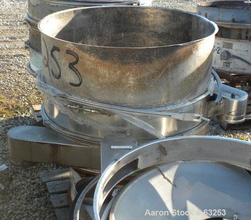 Used Sweco Separator, Model US48S68. 304 Stainless Steel. 48" diameter, single deck, 2 separation, no top cover. Driven by a 1 HP 3/60/440 Volt, 1155 RPM motor. Mounted on a carbon steel base