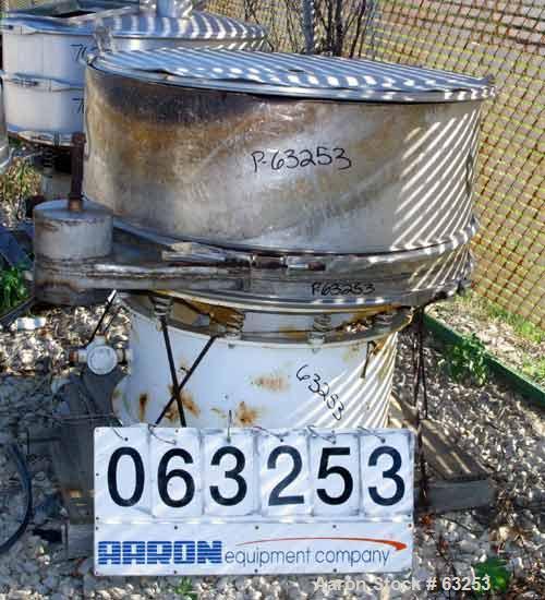 Used Sweco Separator, Model US48S68. 304 Stainless Steel. 48" diameter, single deck, 2 separation, no top cover. Driven by a 1 HP 3/60/440 Volt, 1155 RPM motor. Mounted on a carbon steel base