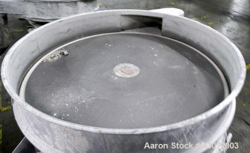 Used Sweco Screener, Model US48S886, Stainless Steel. 48" Diameter, single deck, 2 separation. No top cover. Driven by a 1 hp, 3/60/208-220/440 volt, 1155 rpm motor. Mounted on a carbon steel base.